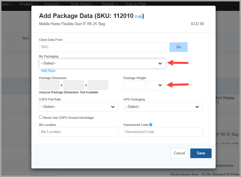 Package Manager Data entry screen showing My Packaging dropdown and Package Weight field