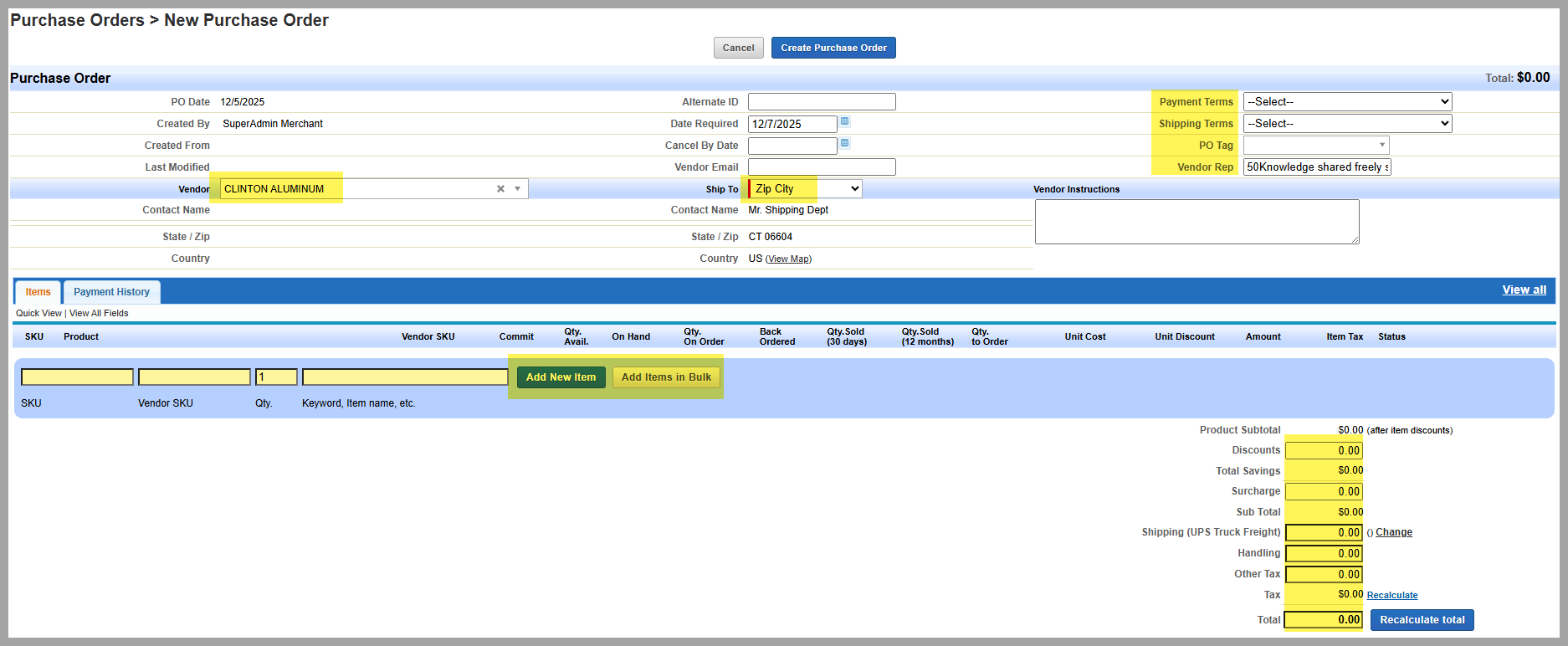 Purchase order line items with quantities and costs