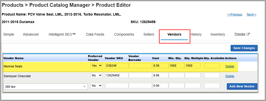 Product vendors tab with preferred vendor marked