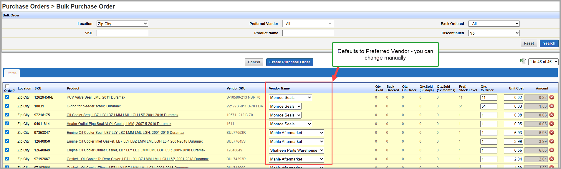Bulk purchase order screen showing products below reorder point