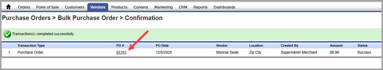 Bulk purchase order creation success message