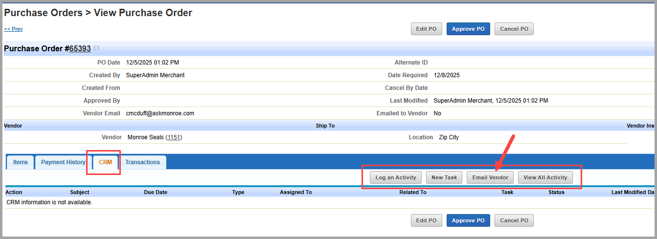 CRM tab showing email vendor button