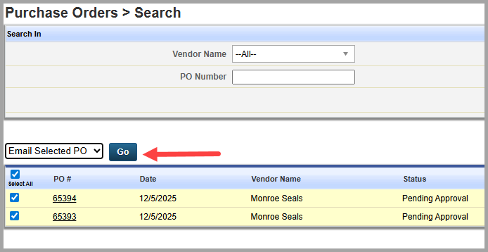 Bulk email purchase orders interface