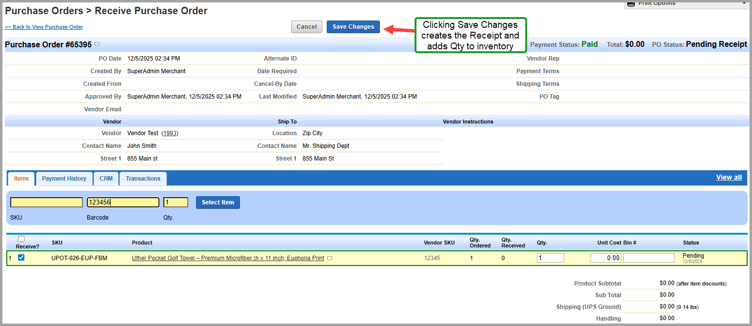 Receive purchase order screen with checkboxes